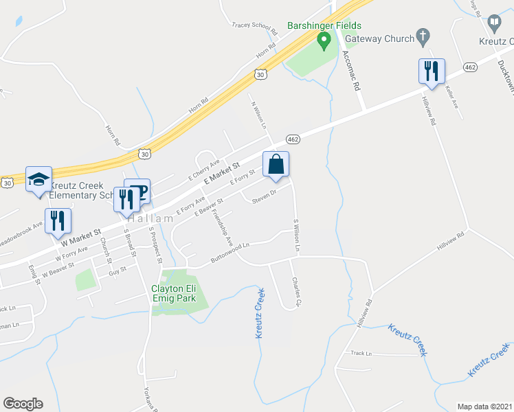 map of restaurants, bars, coffee shops, grocery stores, and more near 350 Steven Drive in York