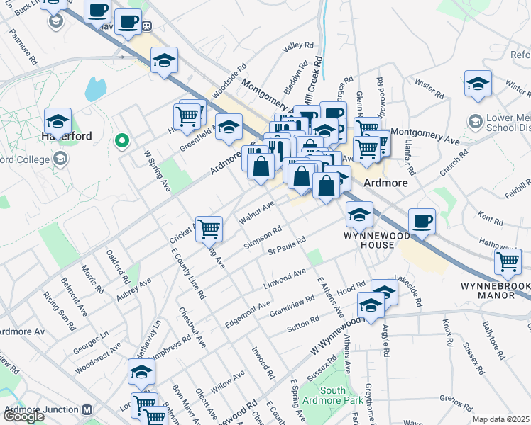 map of restaurants, bars, coffee shops, grocery stores, and more near 110 Simpson Road in Ardmore