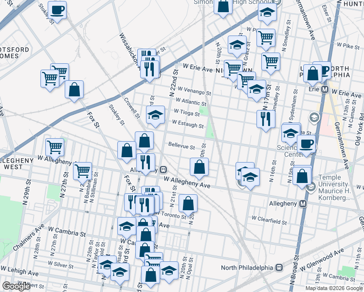 map of restaurants, bars, coffee shops, grocery stores, and more near Bellevue Street in Philadelphia