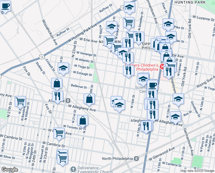 map of restaurants, bars, coffee shops, grocery stores, and more near 1822 W Ontario St in Philadelphia