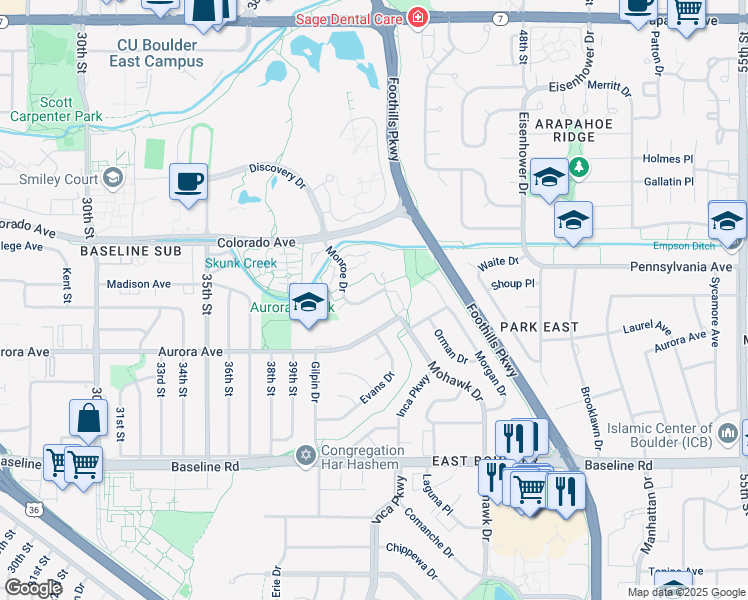 map of restaurants, bars, coffee shops, grocery stores, and more near 4222 Monroe Drive in Boulder