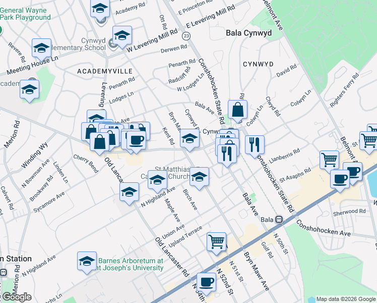 map of restaurants, bars, coffee shops, grocery stores, and more near 50 Montgomery Avenue in Bala Cynwyd