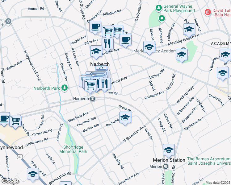 map of restaurants, bars, coffee shops, grocery stores, and more near 31 Avon Road in Narberth