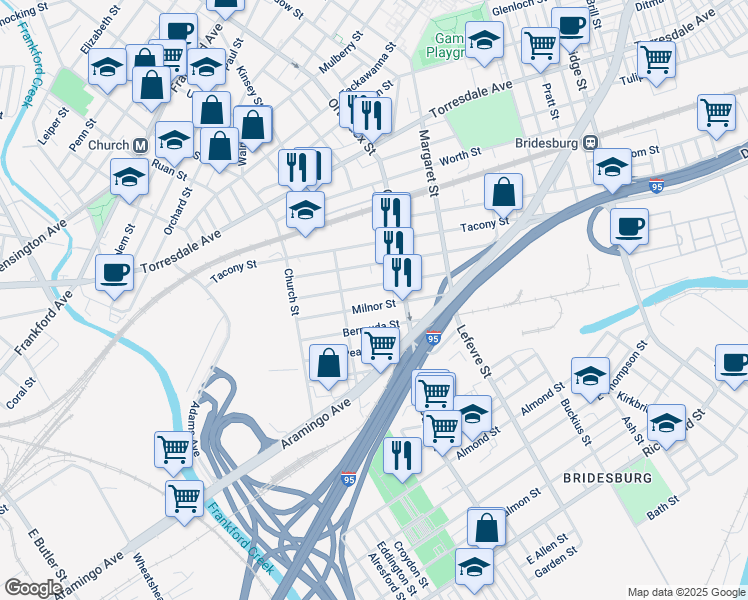 map of restaurants, bars, coffee shops, grocery stores, and more near 4542 Milnor Street in Philadelphia