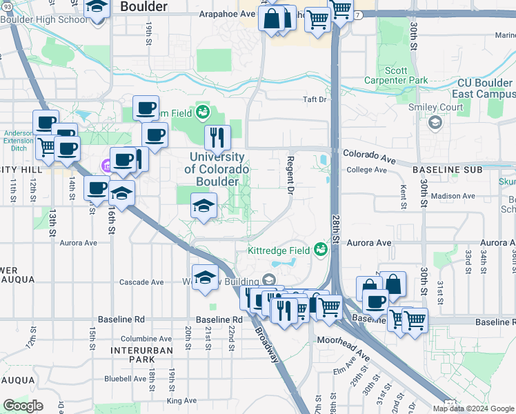 map of restaurants, bars, coffee shops, grocery stores, and more near 995 Regent Drive in Boulder