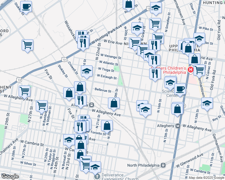 map of restaurants, bars, coffee shops, grocery stores, and more near 2017 Bellevue Street in Philadelphia