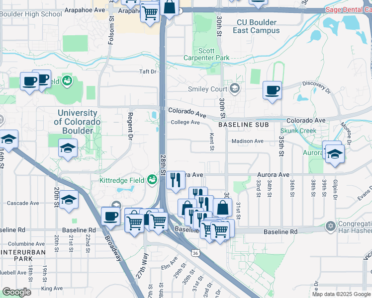 map of restaurants, bars, coffee shops, grocery stores, and more near 1055 Adams Circle in Boulder