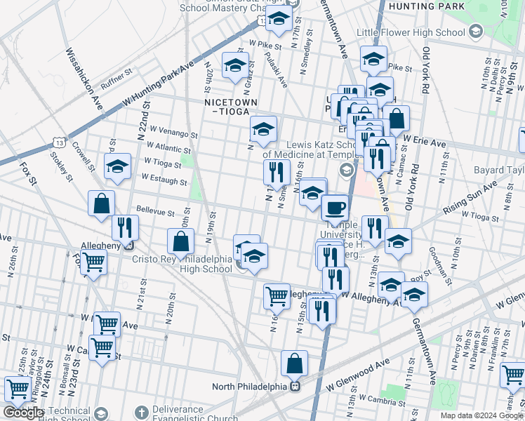 map of restaurants, bars, coffee shops, grocery stores, and more near 3400 North 17th Street in Philadelphia