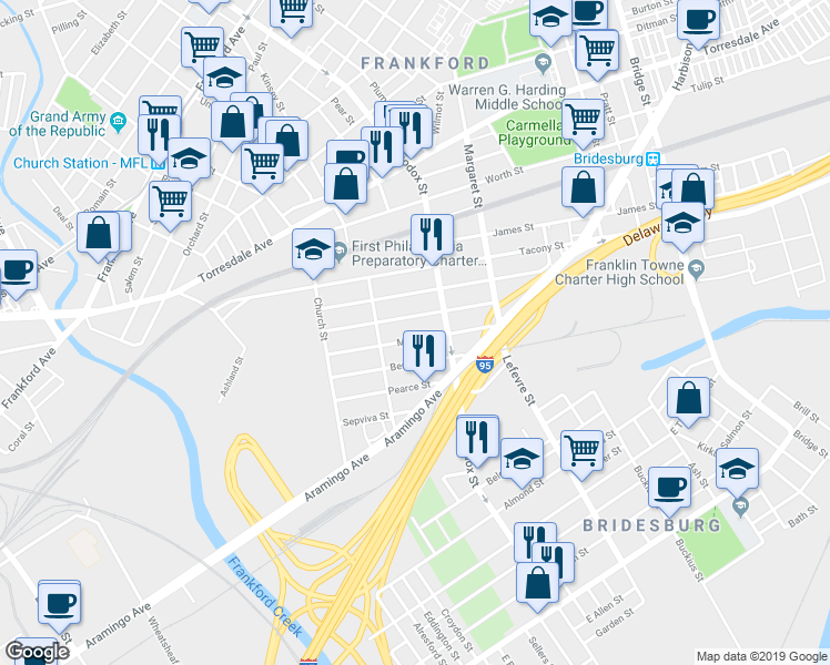 map of restaurants, bars, coffee shops, grocery stores, and more near 4546 Milnor Street in Philadelphia