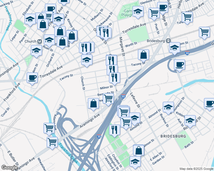 map of restaurants, bars, coffee shops, grocery stores, and more near 4546 Milnor Street in Philadelphia