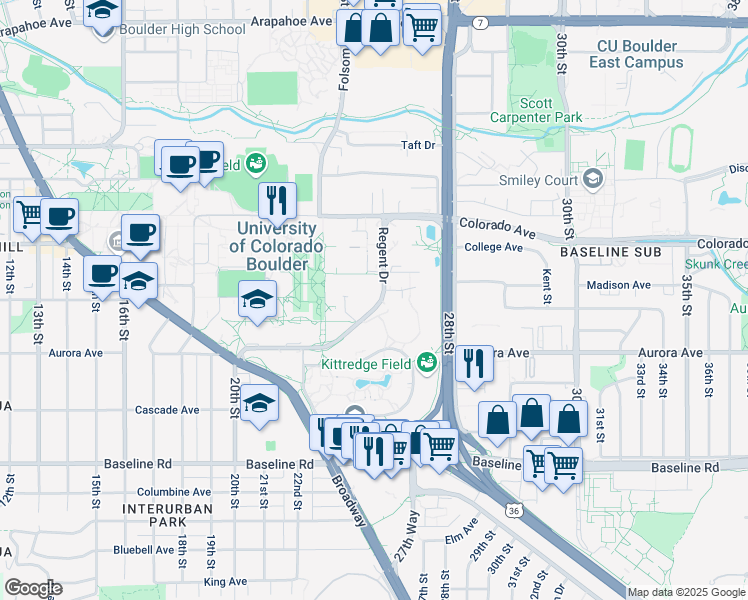 map of restaurants, bars, coffee shops, grocery stores, and more near 995 Regent Drive in Boulder