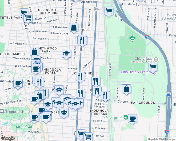 map of restaurants, bars, coffee shops, grocery stores, and more near 2086 Iuka Avenue in Columbus