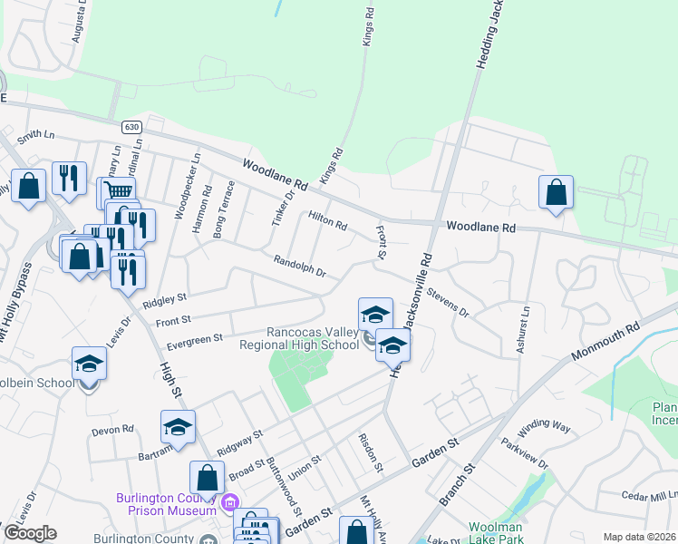map of restaurants, bars, coffee shops, grocery stores, and more near 206 Front Street in Mount Holly