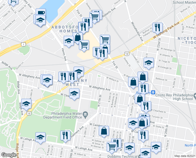 map of restaurants, bars, coffee shops, grocery stores, and more near 3245 North Marston Street in Philadelphia