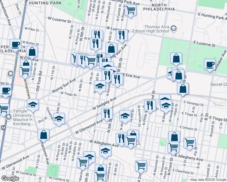 map of restaurants, bars, coffee shops, grocery stores, and more near 3519 North Randolph Street in Philadelphia