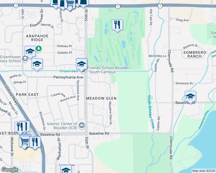 map of restaurants, bars, coffee shops, grocery stores, and more near 989 Meadow Glen Drive in Boulder