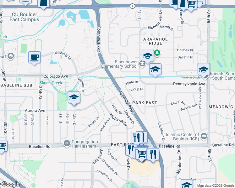 map of restaurants, bars, coffee shops, grocery stores, and more near 4655 Pitkin Drive in Boulder