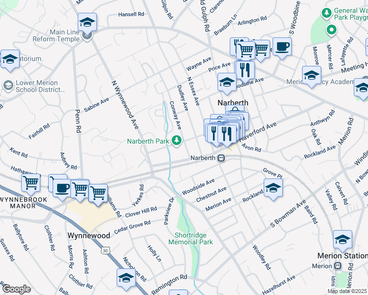 map of restaurants, bars, coffee shops, grocery stores, and more near 122 Conway Avenue in Narberth