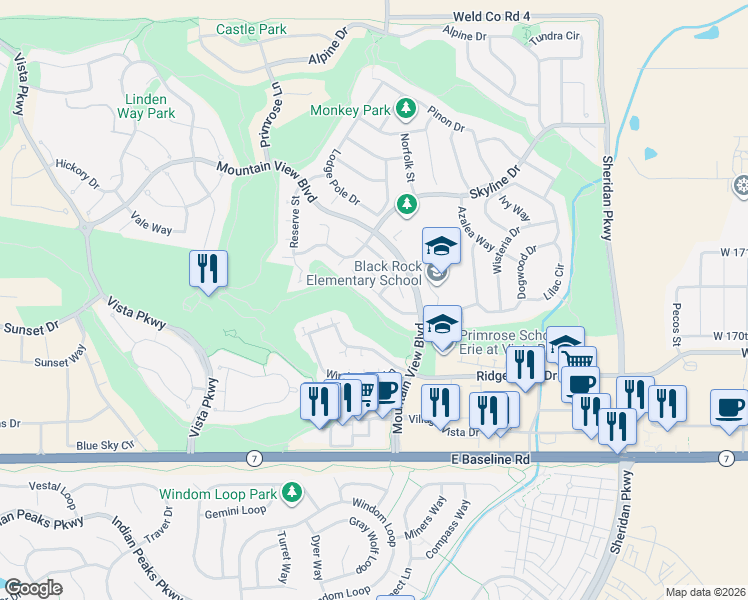 map of restaurants, bars, coffee shops, grocery stores, and more near 2029 Heritage Place in Erie