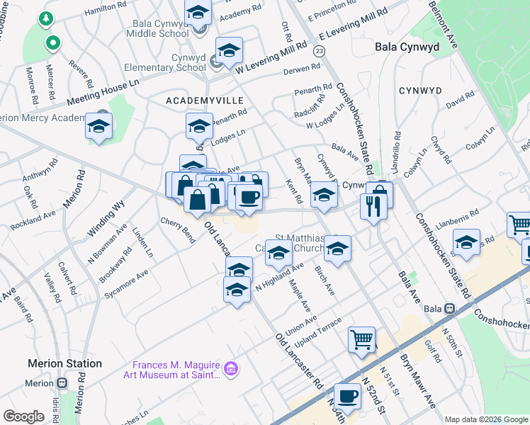 map of restaurants, bars, coffee shops, grocery stores, and more near Montgomery Avenue & Pembroke Road in Bala Cynwyd