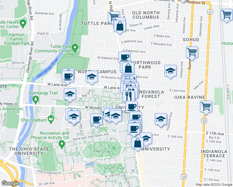 map of restaurants, bars, coffee shops, grocery stores, and more near 50 Curl Drive in Columbus
