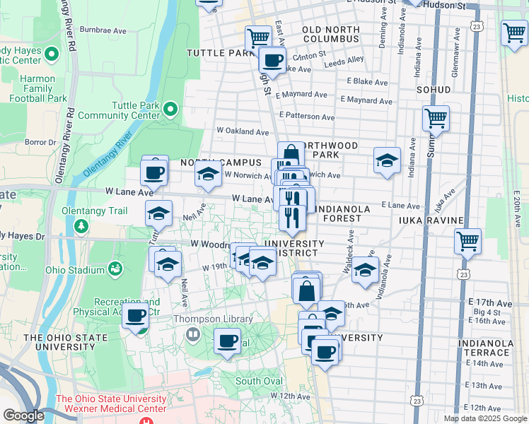 map of restaurants, bars, coffee shops, grocery stores, and more near 50 Curl Drive in Columbus