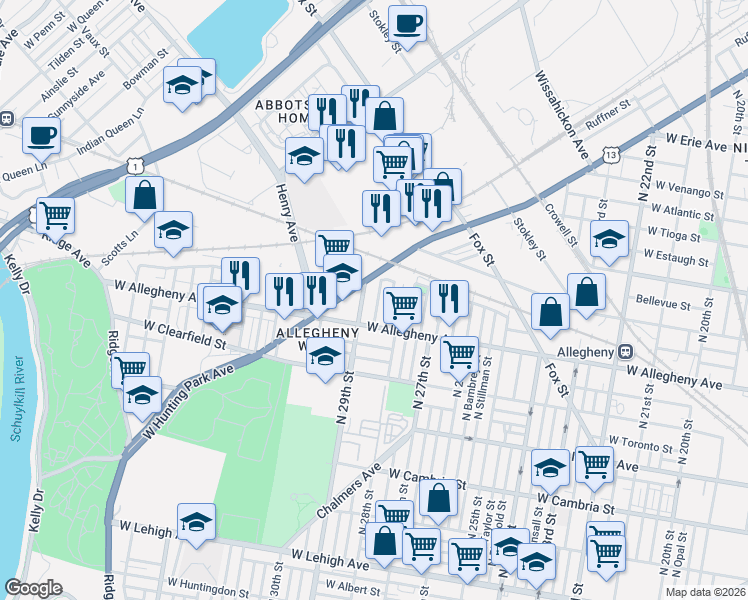 map of restaurants, bars, coffee shops, grocery stores, and more near 3215 North Newkirk Street in Philadelphia
