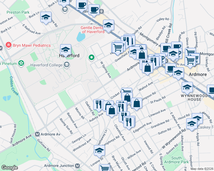 map of restaurants, bars, coffee shops, grocery stores, and more near 216 Maple Terrace in Ardmore