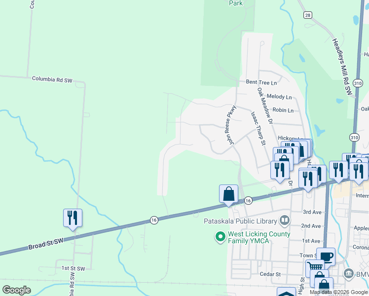map of restaurants, bars, coffee shops, grocery stores, and more near 200 Broad Street Southwest in Pataskala