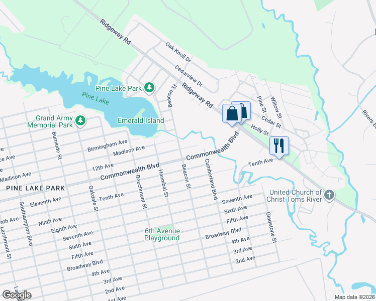 map of restaurants, bars, coffee shops, grocery stores, and more near 1916 Commonwealth Boulevard in Toms River