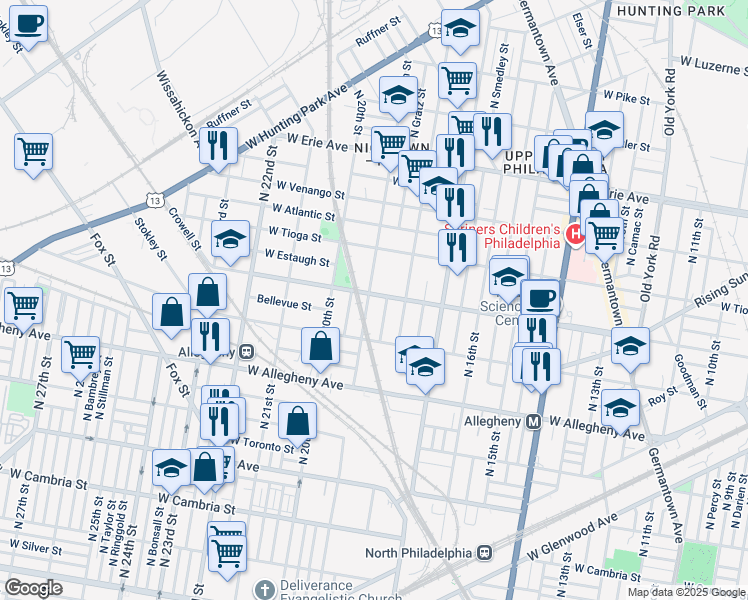 map of restaurants, bars, coffee shops, grocery stores, and more near 3347 North 19th Street in Philadelphia