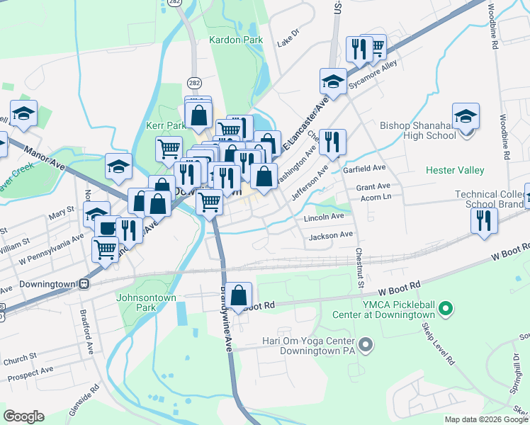 map of restaurants, bars, coffee shops, grocery stores, and more near 174 Jefferson Avenue in Downingtown