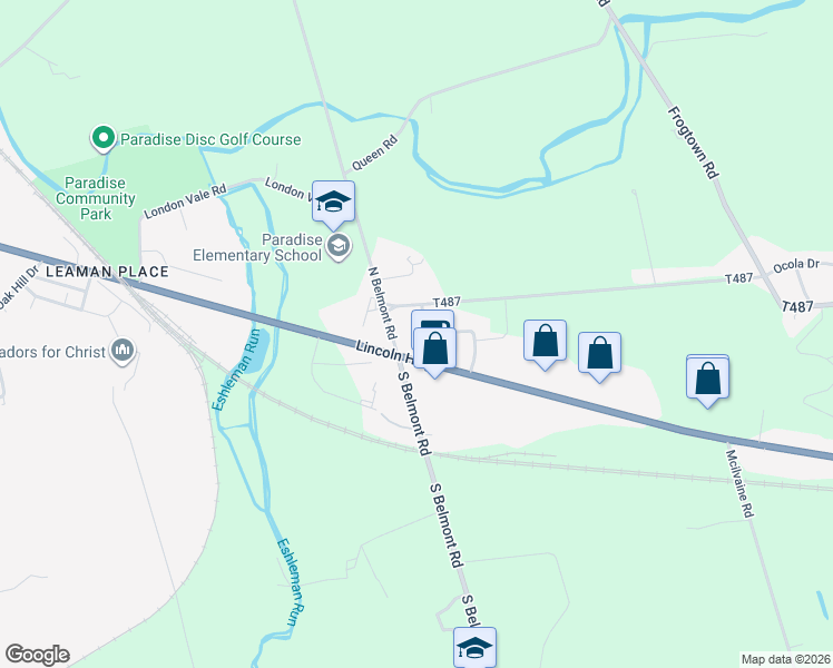 map of restaurants, bars, coffee shops, grocery stores, and more near 3313 Lincoln Highway East in Paradise