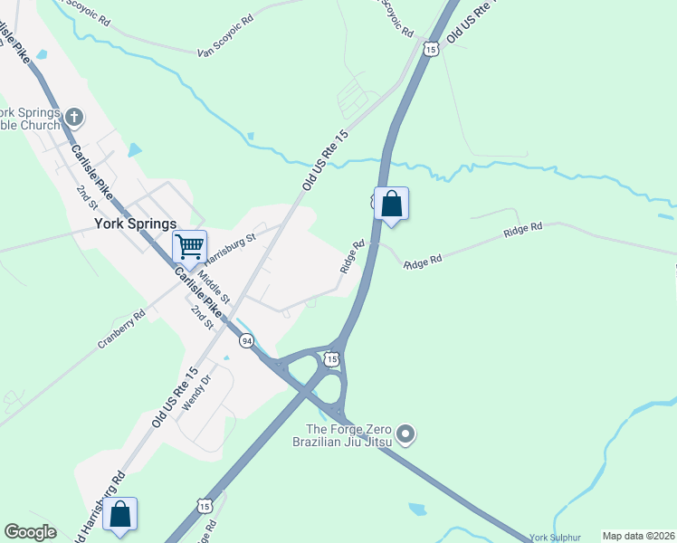 map of restaurants, bars, coffee shops, grocery stores, and more near 120 Ridge Road in York Springs
