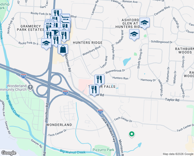 map of restaurants, bars, coffee shops, grocery stores, and more near 548 Chadwood Drive in Columbus