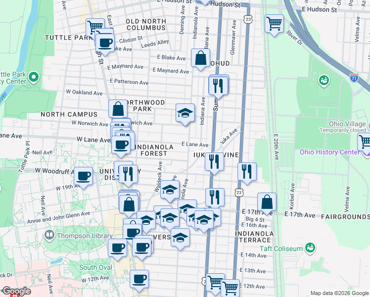 map of restaurants, bars, coffee shops, grocery stores, and more near in Columbus