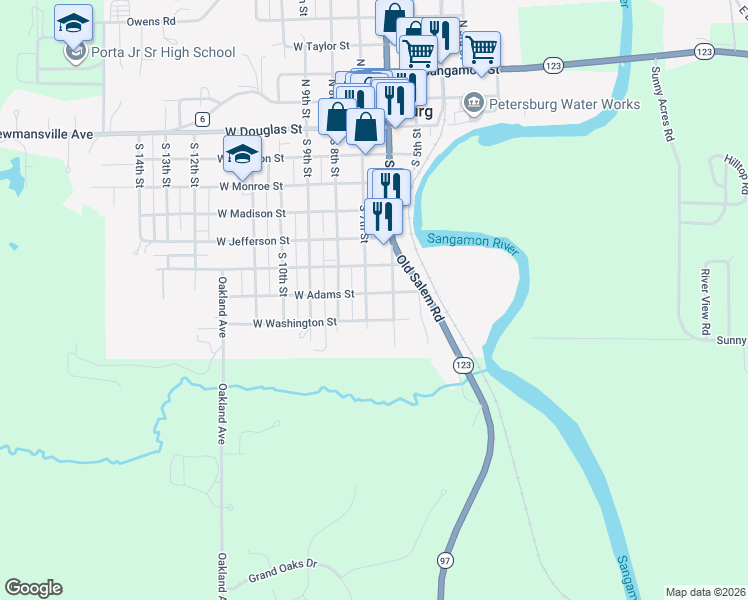 map of restaurants, bars, coffee shops, grocery stores, and more near in Petersburg