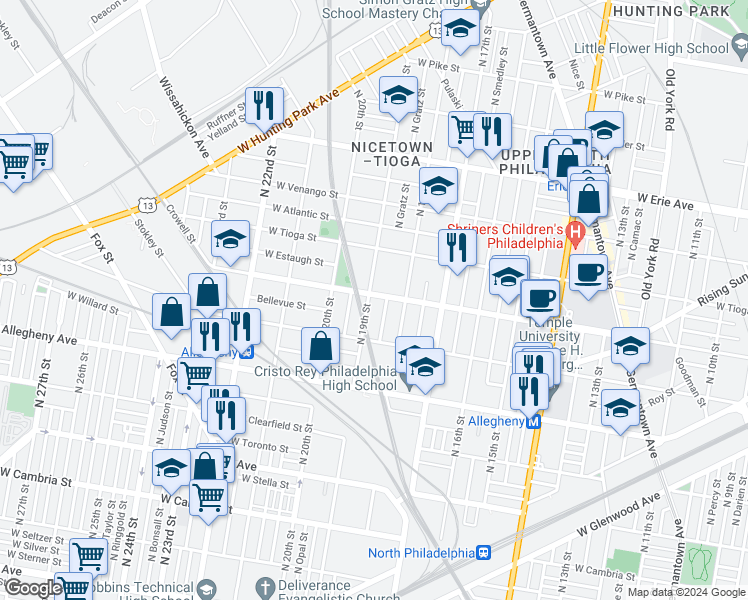 map of restaurants, bars, coffee shops, grocery stores, and more near 3347 North 19th Street in Philadelphia