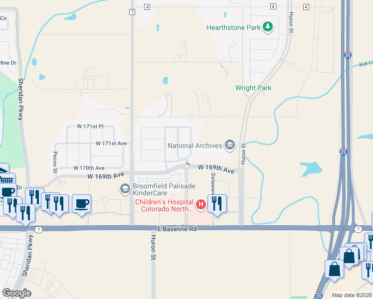 map of restaurants, bars, coffee shops, grocery stores, and more near 16934 Elati Street in Broomfield