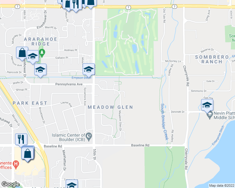 map of restaurants, bars, coffee shops, grocery stores, and more near 989 Meadow Glen Drive in Boulder