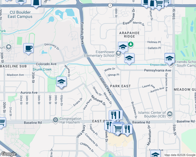 map of restaurants, bars, coffee shops, grocery stores, and more near 4655 Pitkin Drive in Boulder