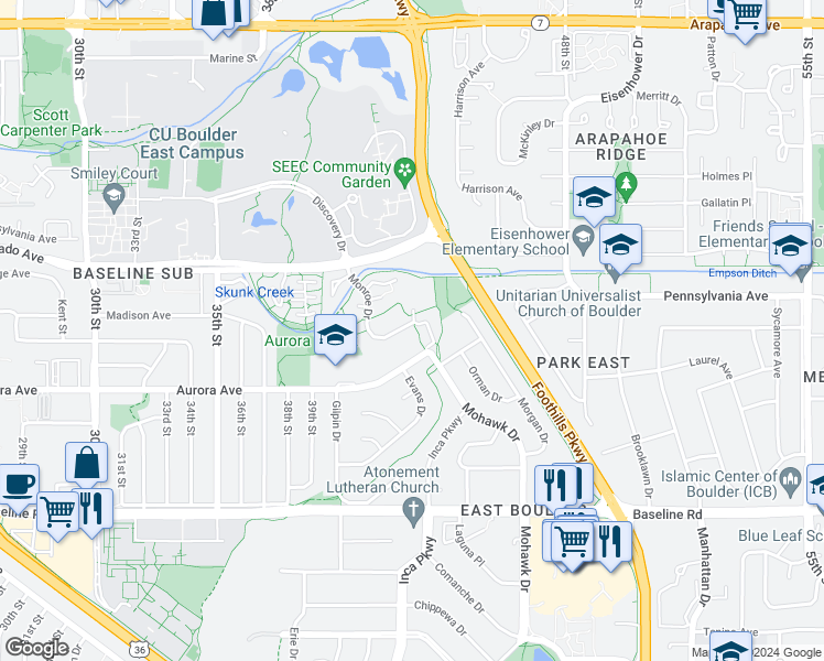 map of restaurants, bars, coffee shops, grocery stores, and more near 4222 Monroe Drive in Boulder