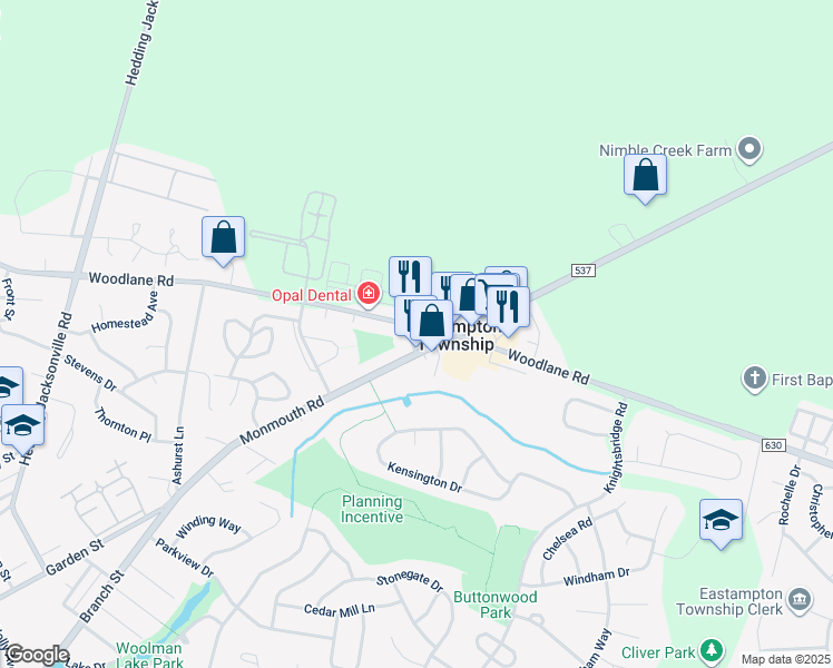 map of restaurants, bars, coffee shops, grocery stores, and more near 1203 Monmouth Road in Eastampton Township