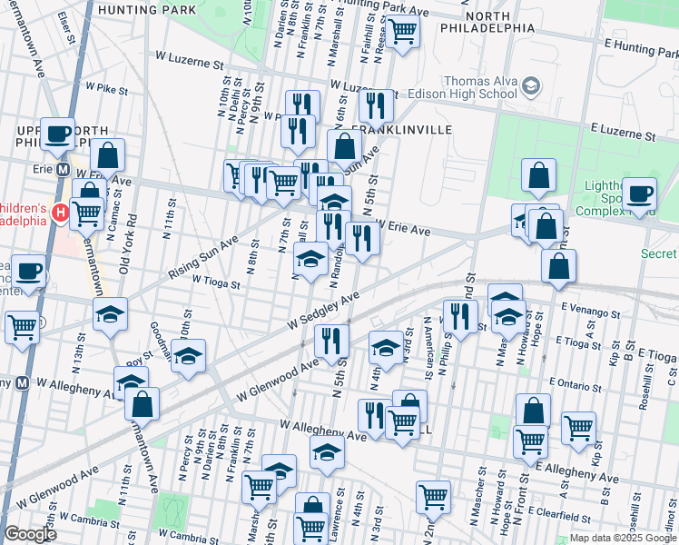 map of restaurants, bars, coffee shops, grocery stores, and more near 3519 North Randolph Street in Philadelphia