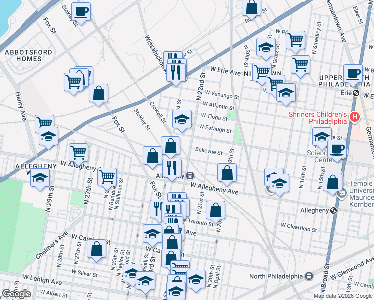map of restaurants, bars, coffee shops, grocery stores, and more near 2131 West Westmoreland Street in Philadelphia