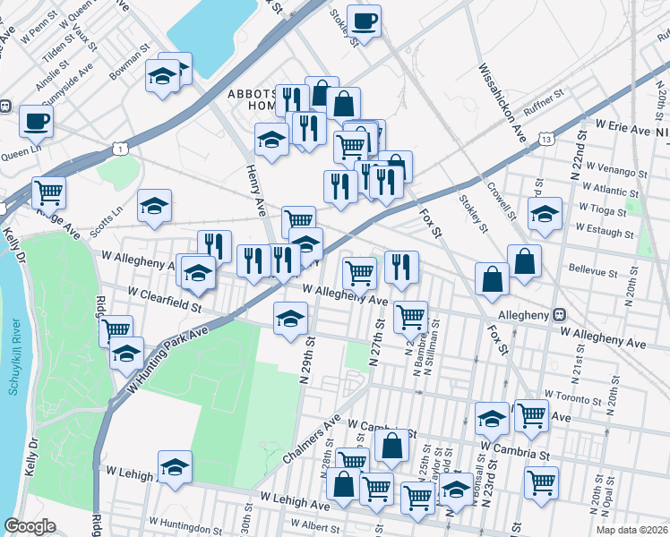 map of restaurants, bars, coffee shops, grocery stores, and more near 3215 North Newkirk Street in Philadelphia