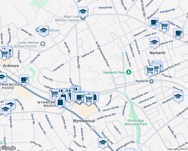 map of restaurants, bars, coffee shops, grocery stores, and more near 325 Penn Road in Wynnewood