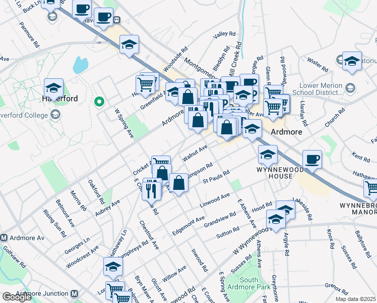 map of restaurants, bars, coffee shops, grocery stores, and more near 125 Walnut Avenue in Ardmore