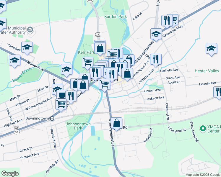 map of restaurants, bars, coffee shops, grocery stores, and more near 121 Jefferson Avenue in Downingtown