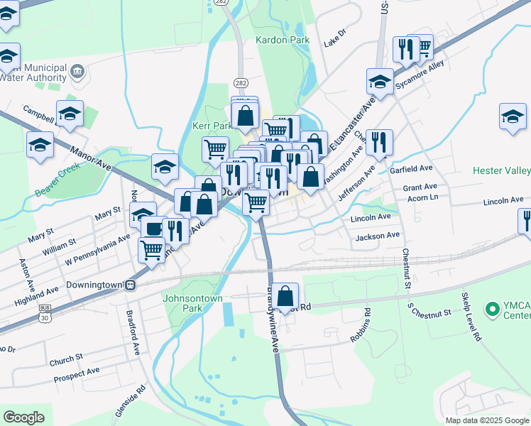 map of restaurants, bars, coffee shops, grocery stores, and more near 121 Jefferson Avenue in Downingtown